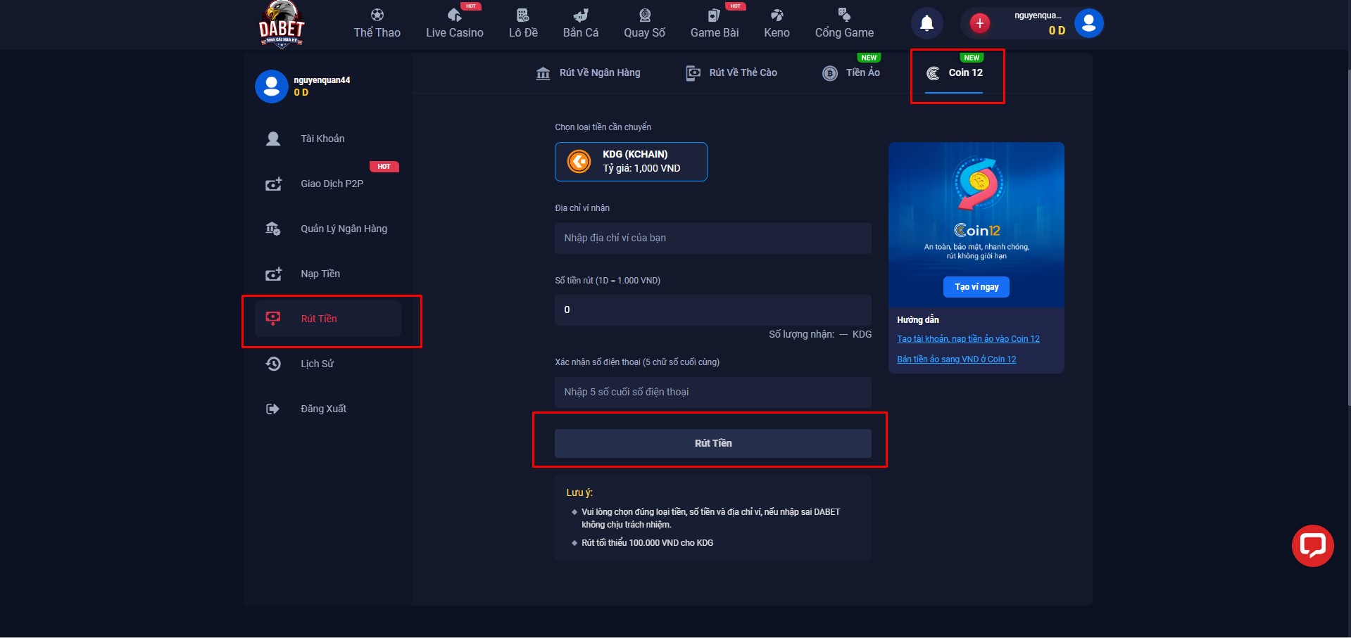 Hướng dẫn rút qua Coin 12